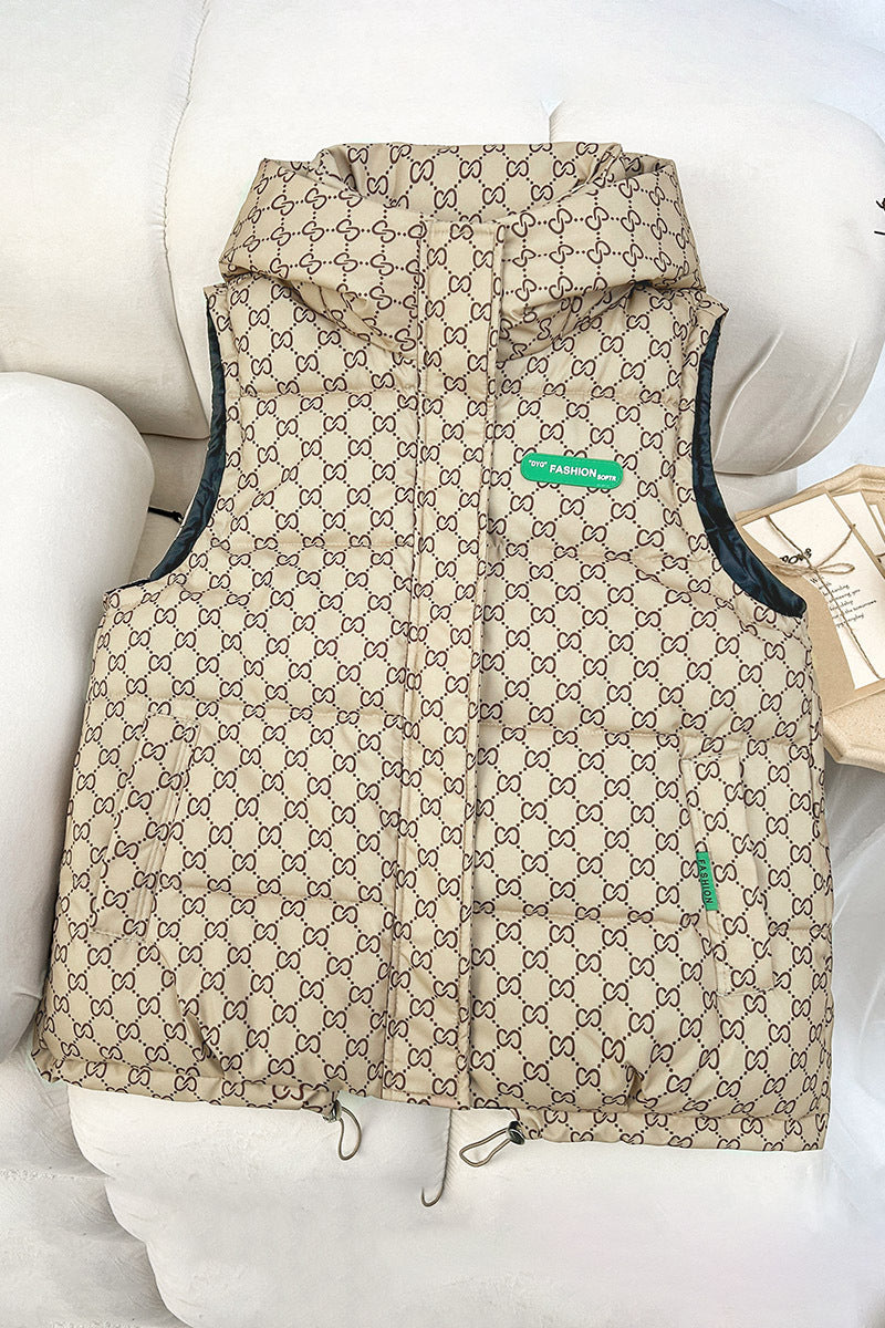 Unisex quilted sleeveless hooded jacket with assorted graphic patterns
