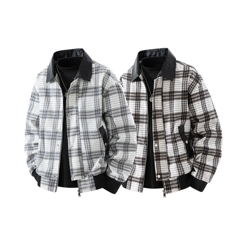 Men's plaid jacket with a black faux-leather collar, casual bomber style, zip-up