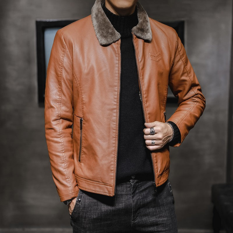 Men's solid-color bomber jacket lined with faux fur