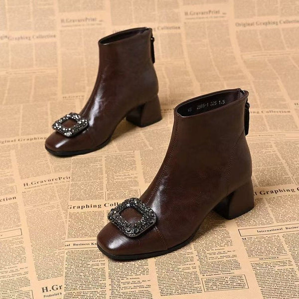 Women's Brown Ankle Boots with Square Heel and Decorative Buckle