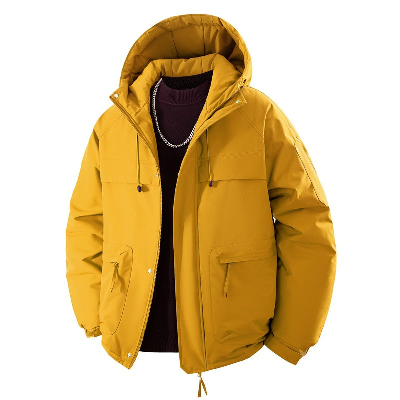 Unisex Hooded Puffer Jacket with Pockets, Mustard Color