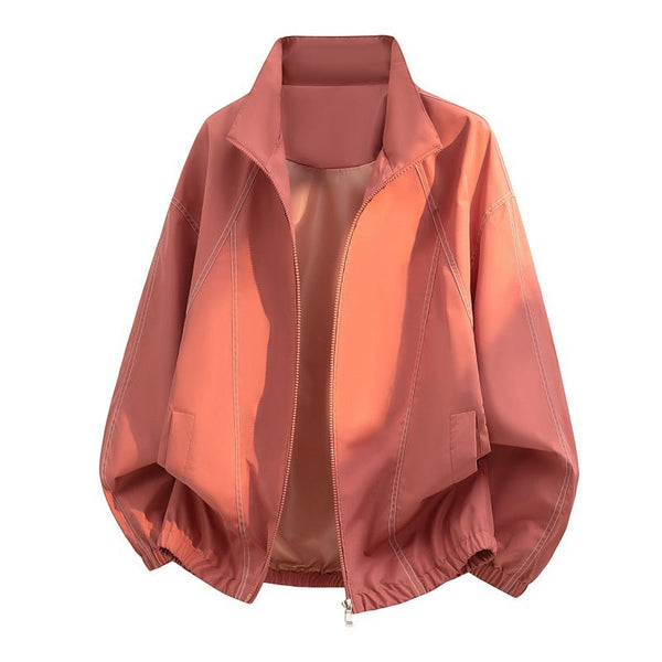 Giacca bomber da donna con cerniera, colletto rialzato e cuciture a contrasto, vestibilità casual