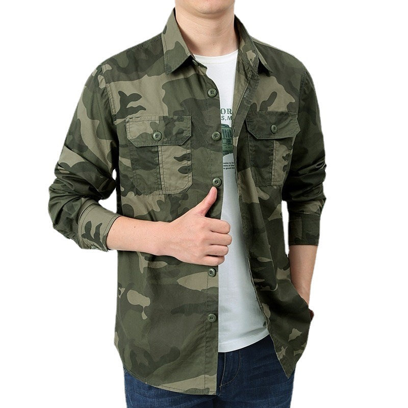 Herenoverhemd met lange mouwen in olijfgroene militaire camouflage, borstzakken met knopen