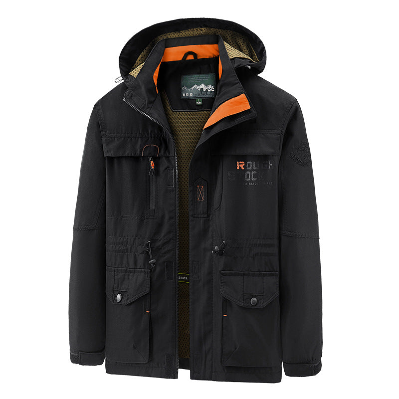 Herrenjacke mit Kapuze, mehreren Taschen, Reißverschluss und Kordelzug