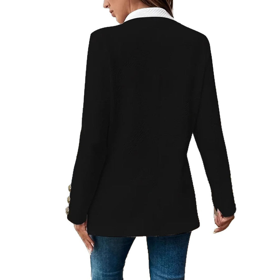 Elegante zweifarbige lange Damenjacke ohne Verschluss mit Stehkragen und dekorativen goldenen Knöpfen