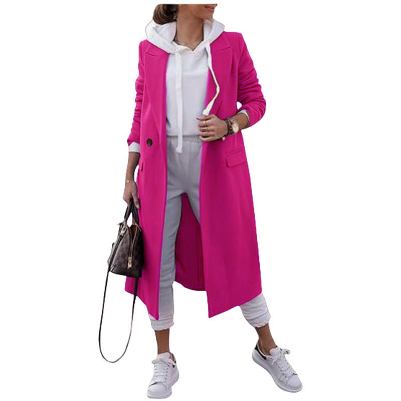 Manteau long femme avec col à revers et poches latérales