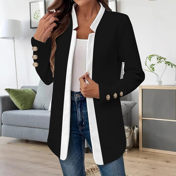 Giacca lunga bicolore elegante da donna, senza chiusura, con collo alto e bottoni decorativi dorati