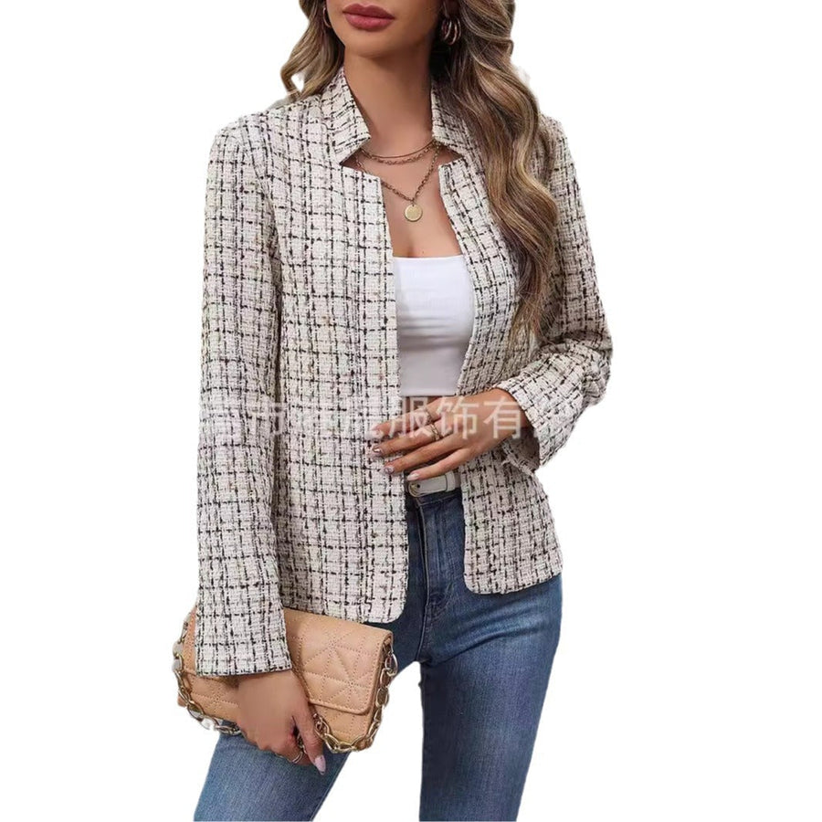 Eleganter karierter Damenblazer aus Webstoff mit offenem Kragen und langen Ärmeln