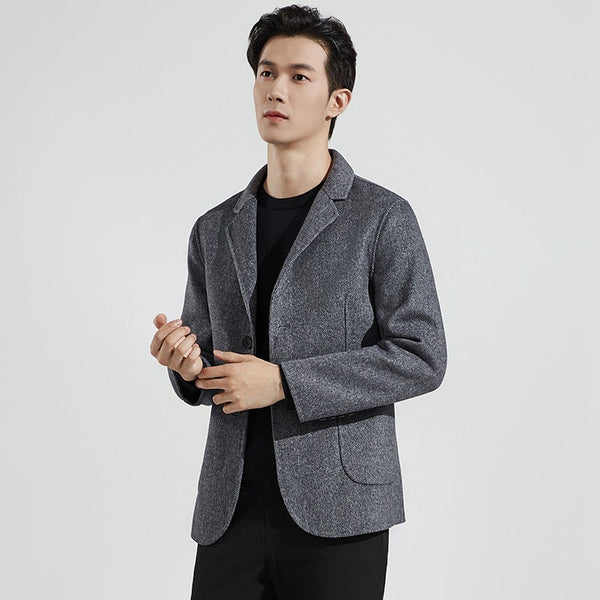 Men's Short Mid-Season Jacket in Textured Fabric with Notched Lapels and Patch Pockets
