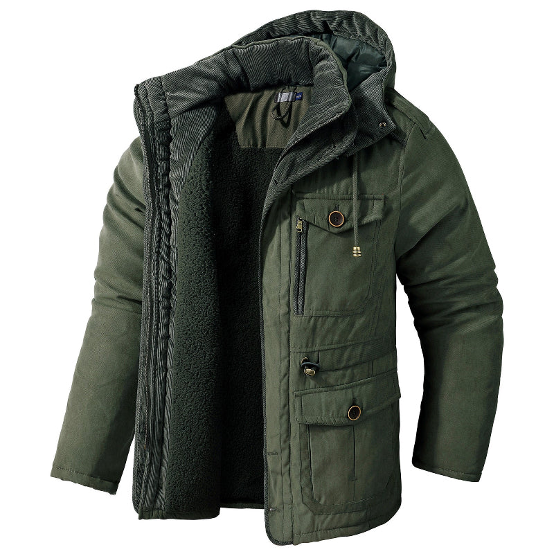 Vadderad herrparka med huva, mjukt foder i beige och khaki samt flera fickor