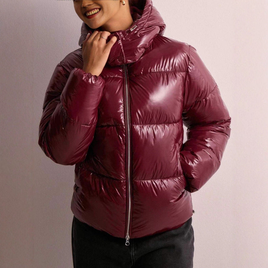 Glänzende gesteppte Damenjacke mit Kapuze und Reißverschluss - Bordeaux, Schwarz, Khaki