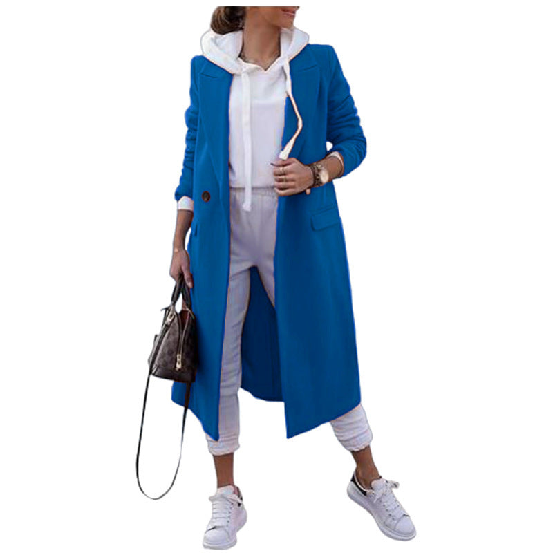 Manteau long femme avec col à revers et poches latérales