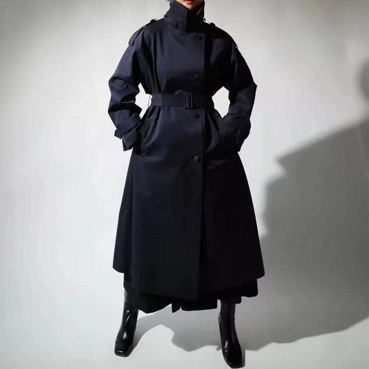 Manteau Long Type Trench Ceinturé Col Haut Femme
