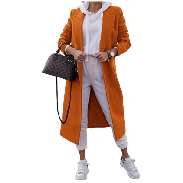 Cappotto lungo da donna con collo a revers e tasche laterali