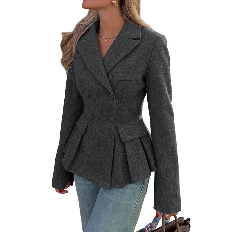 Veste Blazer Femme Cintrée Double Boutonnage Gris Anthracite à Basques