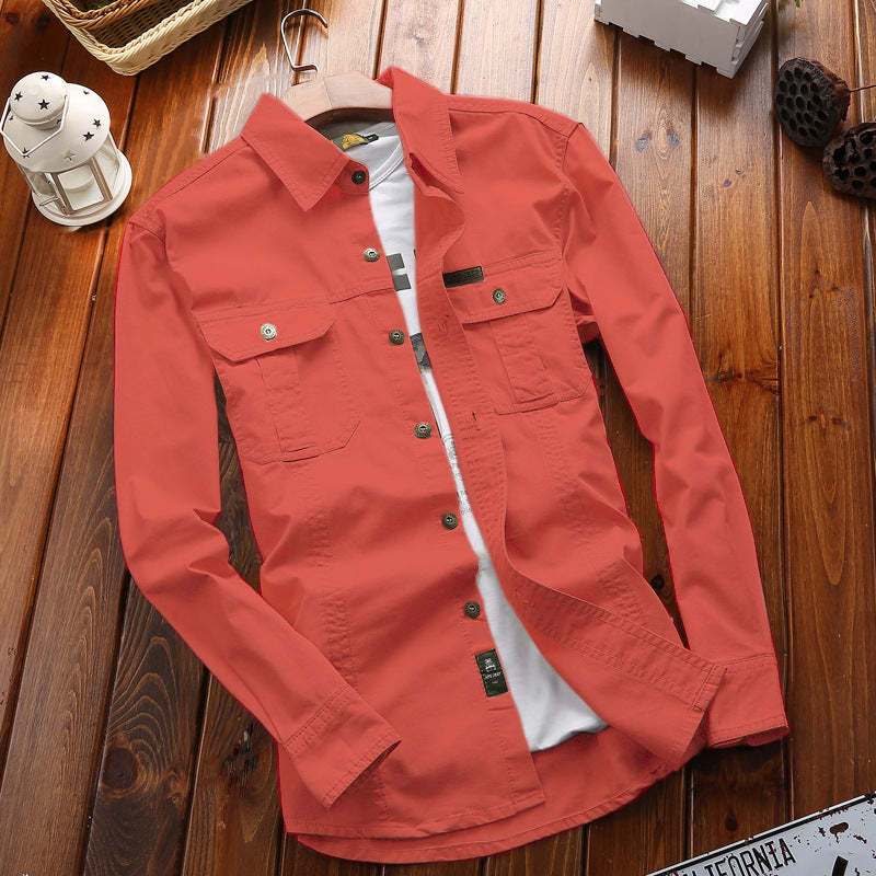 Camisa de hombre de manga larga, corte recto, estilo cargo, con dos bolsillos con solapa