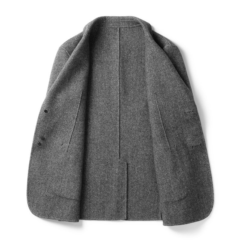 Men's Short Mid-Season Jacket in Textured Fabric with Notched Lapels and Patch Pockets