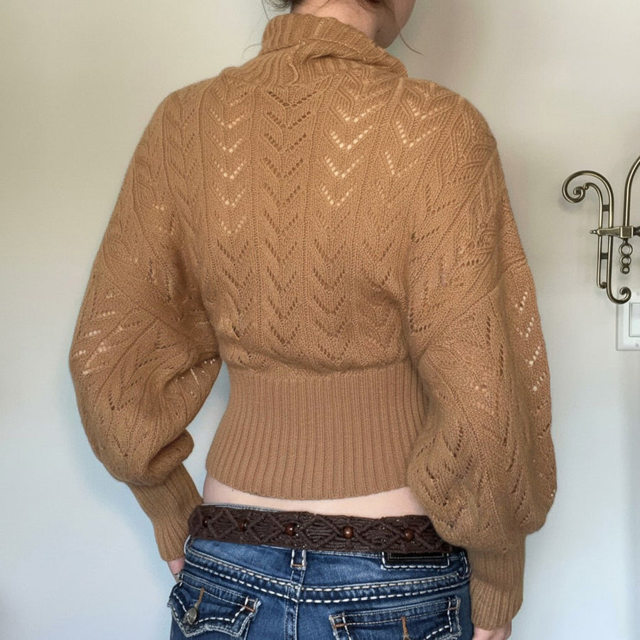 Camel cropped openwork knit turtleneck sweater with puff sleeves