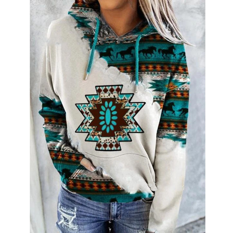 Sweat à Capuche Femme Motif Ethnique Géométrique Manches Longues