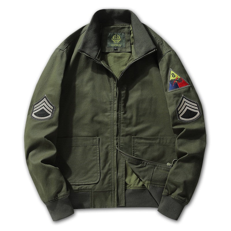 Men's Bomber-Style Jacket with Stand Collar and Decorative Patches