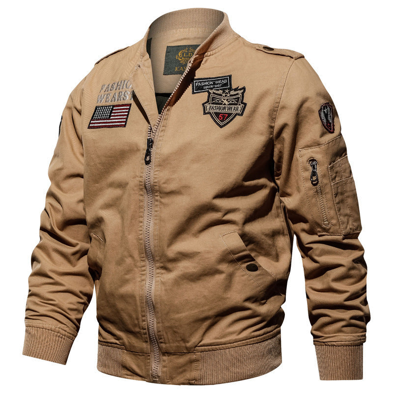 Blouson Bomber Homme Militaire Patches Col Montant Beige