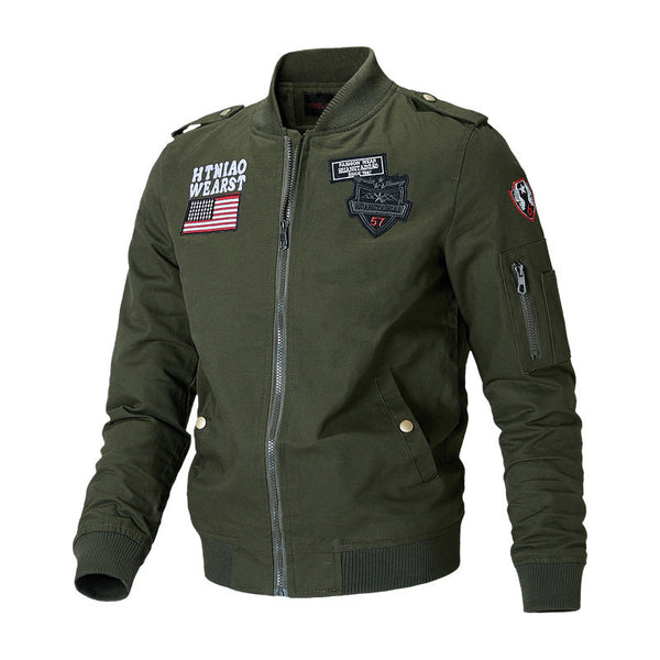 Men's military aviator jacket with patches, stand-up collar, khaki green