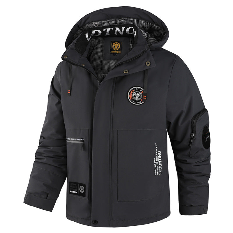 Men's Solid-Color Hooded Jacket with Pockets and Patches