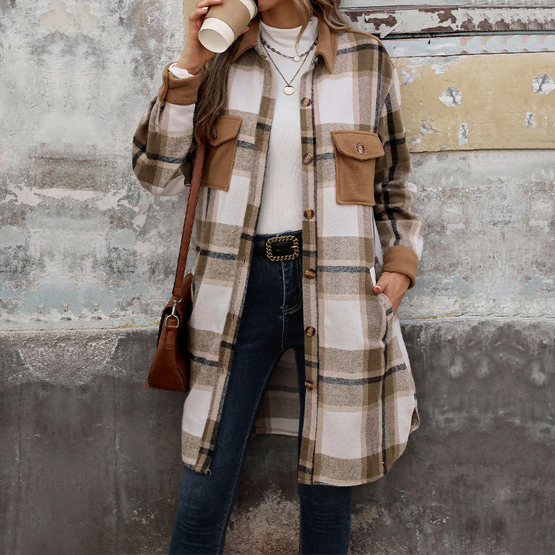 Veste longue Femme à carreaux style chemise avec poches poitrine