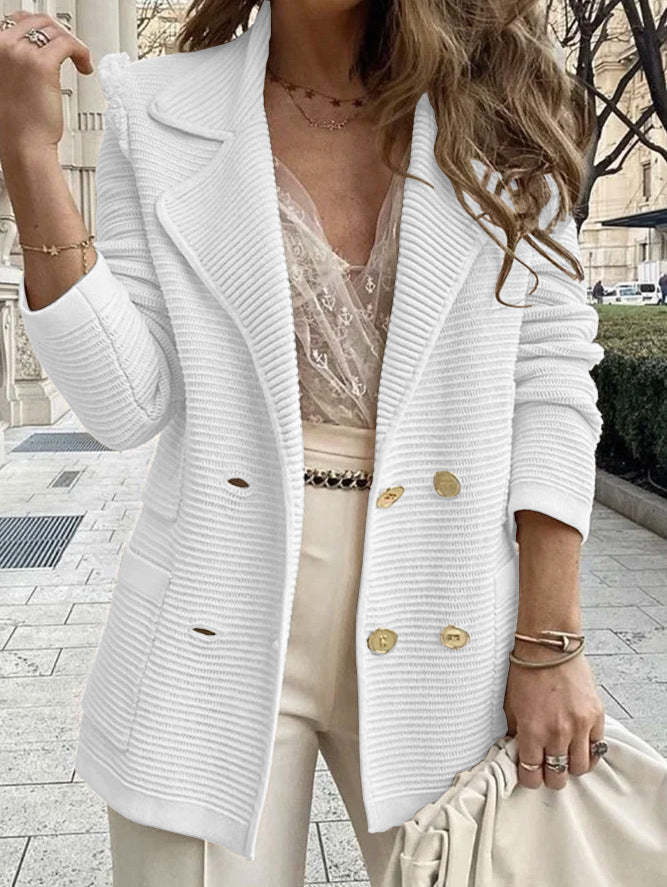 Women's Corduroy Blazer with Gold Buttons, Notched Lapels and Long Sleeves