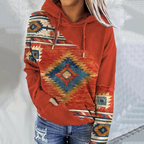 Sudadera con capucha de mujer con estampado étnico geométrico y mangas largas