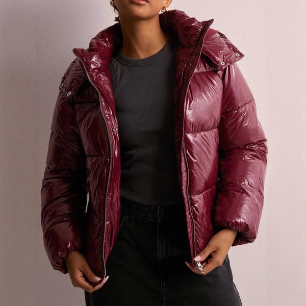 Glänzende gesteppte Damenjacke mit Kapuze und Reißverschluss - Bordeaux, Schwarz, Khaki