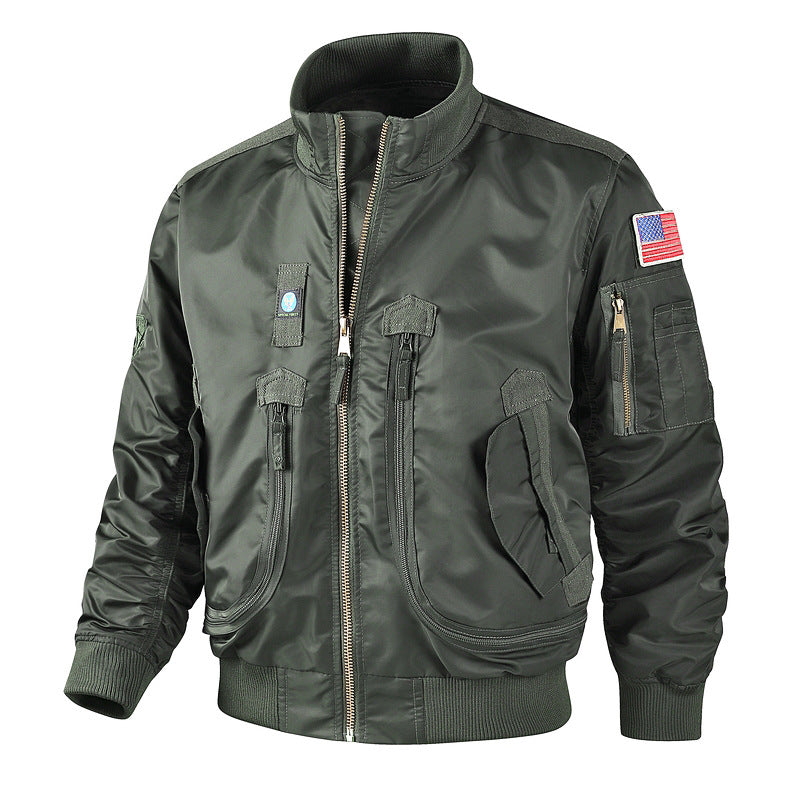 Men's Aviator Jacket with Multiple Pockets and Decorative Patches