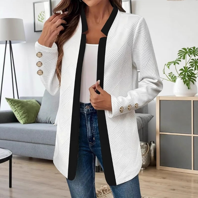 Elegante zweifarbige lange Damenjacke ohne Verschluss mit Stehkragen und dekorativen goldenen Knöpfen