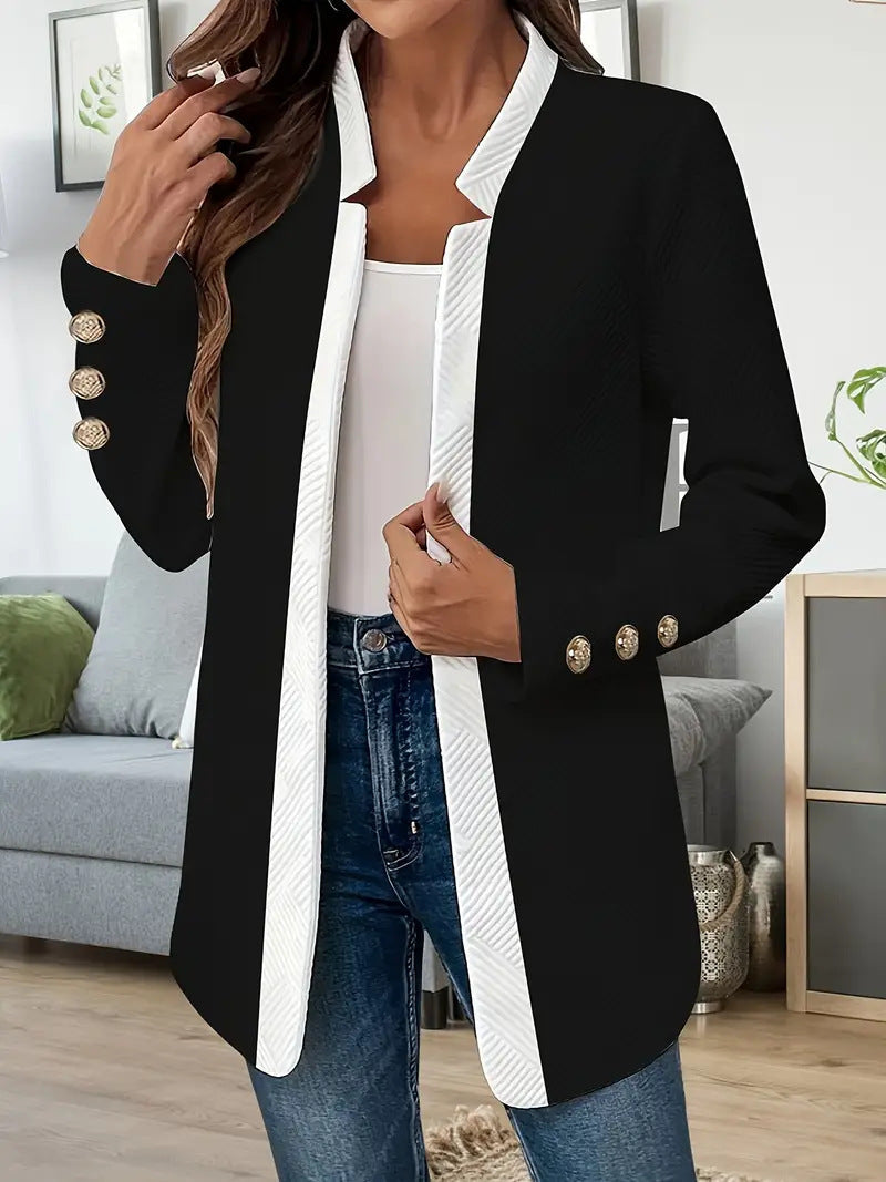 Elegante zweifarbige lange Damenjacke ohne Verschluss mit Stehkragen und dekorativen goldenen Knöpfen