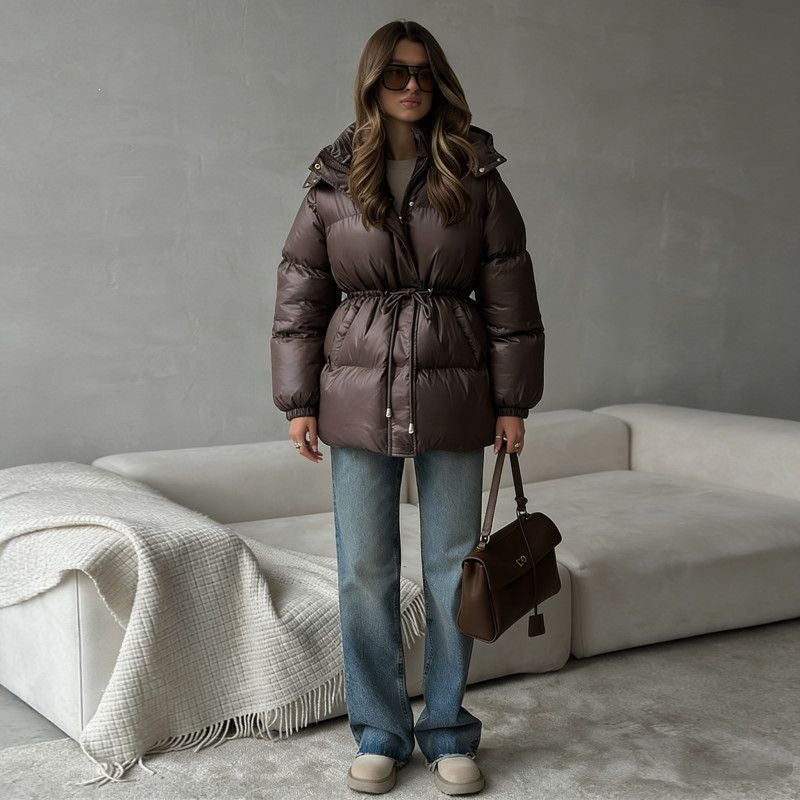 Abrigo acolchado para mujer con capucha y cordón ajustable en la cintura