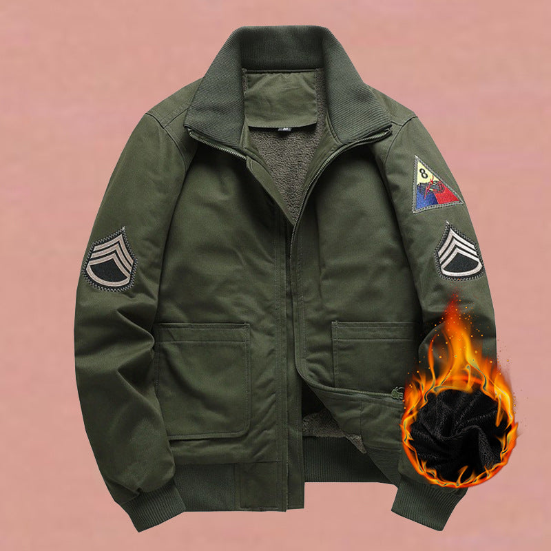 Men's Bomber-Style Jacket with Stand Collar and Decorative Patches
