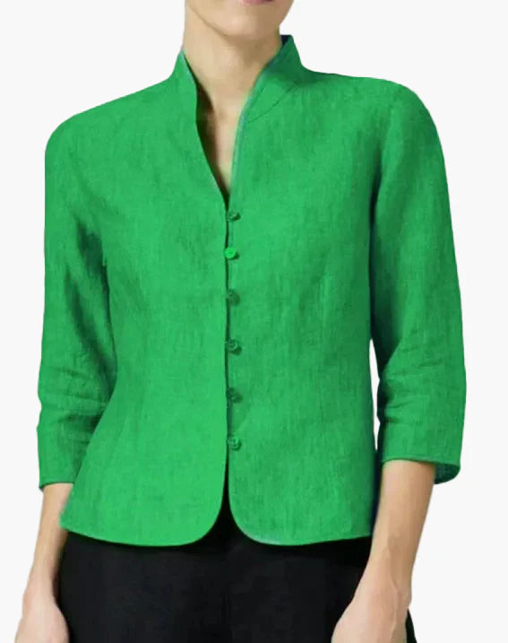 Chaqueta elegante para mujer estilo moderno con cuello alto y mangas tres cuartos para oficina y ocasiones formales