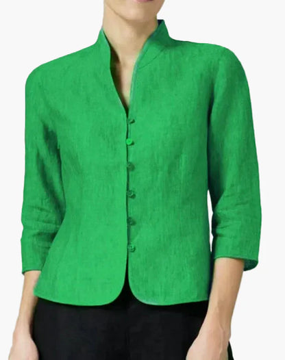 Chaqueta elegante para mujer estilo moderno con cuello alto y mangas tres cuartos para oficina y ocasiones formales