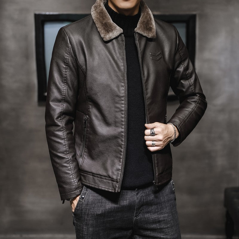 Men's solid-color bomber jacket lined with faux fur