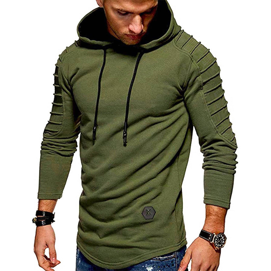 Herenhoodie met lange geplooide mouwen en afgeronde zoom - olijfgroen