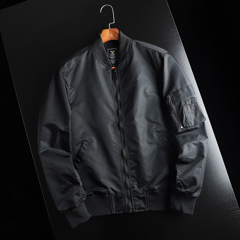 Men's solid-color bomber jacket with zippered pockets