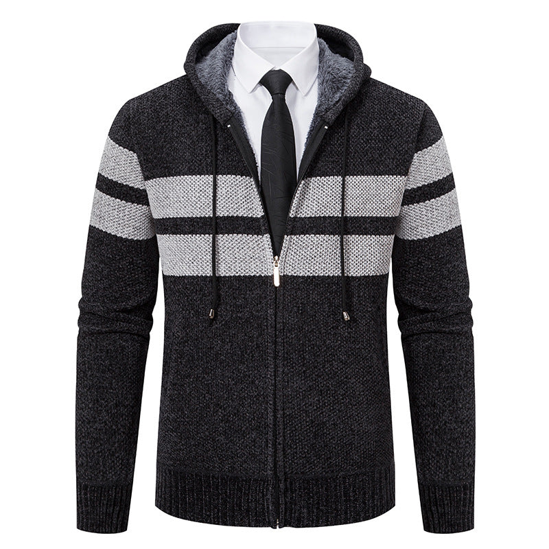 Strikket cardigan for menn med glidelås, hette og mykt fôr