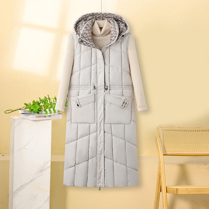 Lange gesteppte ärmellose Daunenjacke mit Kapuze – gesteppte Damenjacke