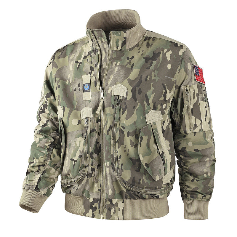 Men's Aviator Jacket with Multiple Pockets and Decorative Patches