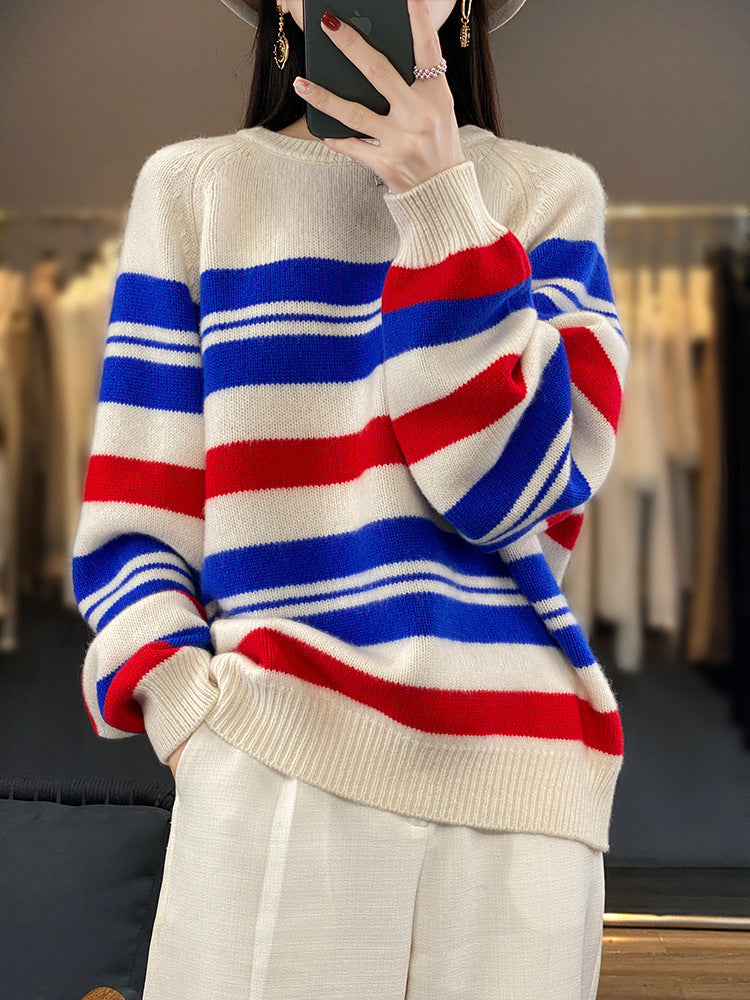 Long-sleeve striped crew-neck sweater in cream, red, and blue