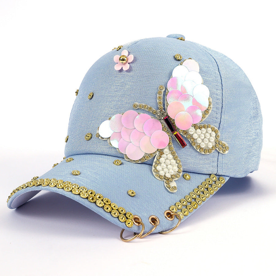 Casquette de baseball décorée papillon à sequins et strass bleu clair