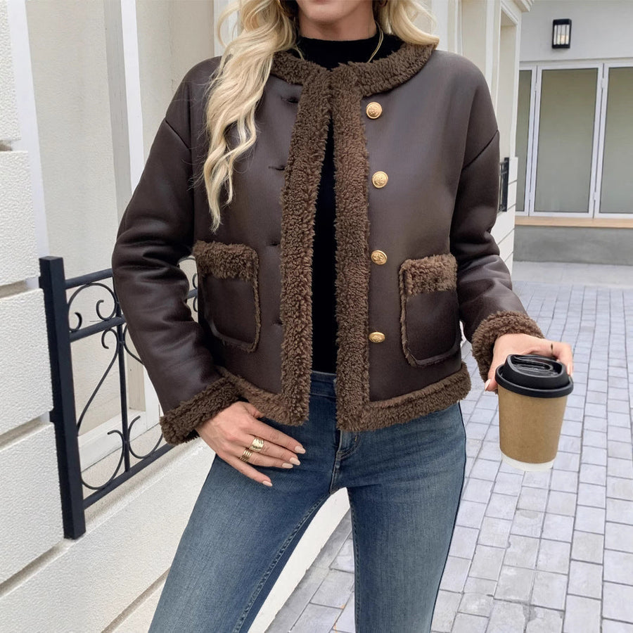 Chaqueta corta estilo aviador para mujer, marrón, forrada con efecto de borreguito y botones dorados