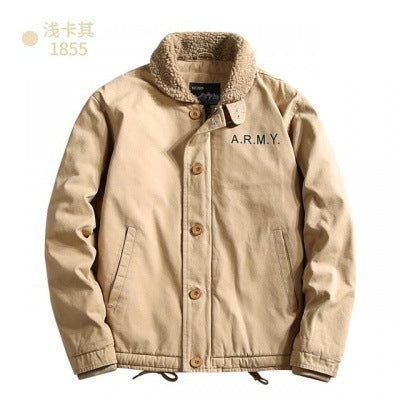 Herrenjacke mit Lammfelloptik am gefütterten Kragen, Knöpfen, Braun und den Buchstaben "A.R.M.Y."