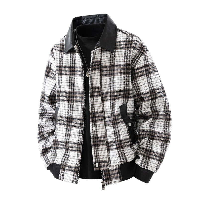 Men's plaid jacket with a black faux-leather collar, casual bomber style, zip-up