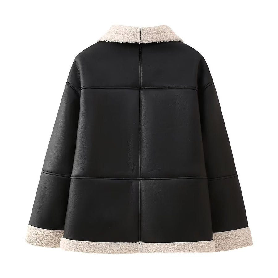 Schwarze Fliegerjacke für Damen mit beigem Futter